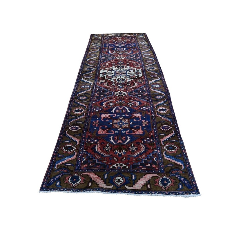 Shahbanu Rugs Semi Antique Persian Heriz Pure Wool Wide Runner Hand-Knotted Rug (3'4" x 10'10") - 3'4" x 10'10"