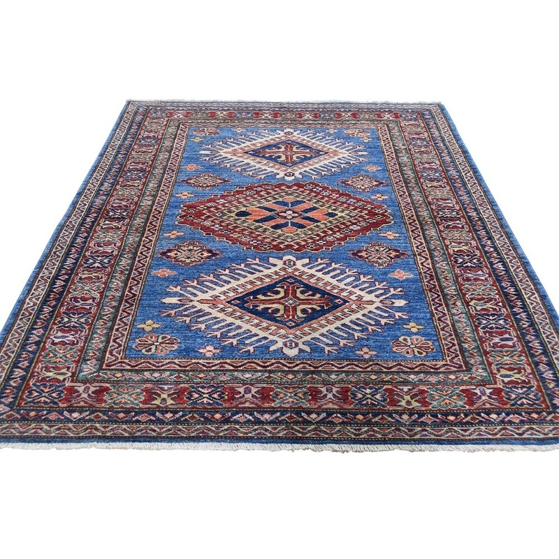 Shahbanu Rugs Super Kazak Pure Wool Blue Geometric Design Hand-Knotted Oriental Rug (4'3" x 6'2") - 4'3" x 6'2"