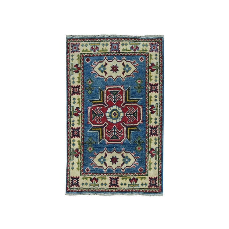 Shahbanu Rugs Blue Geometric Design Kazak Pure Wool Hand-Knotted Oriental Rug (2'1" x 3'0") - 2'1" x 3'0"