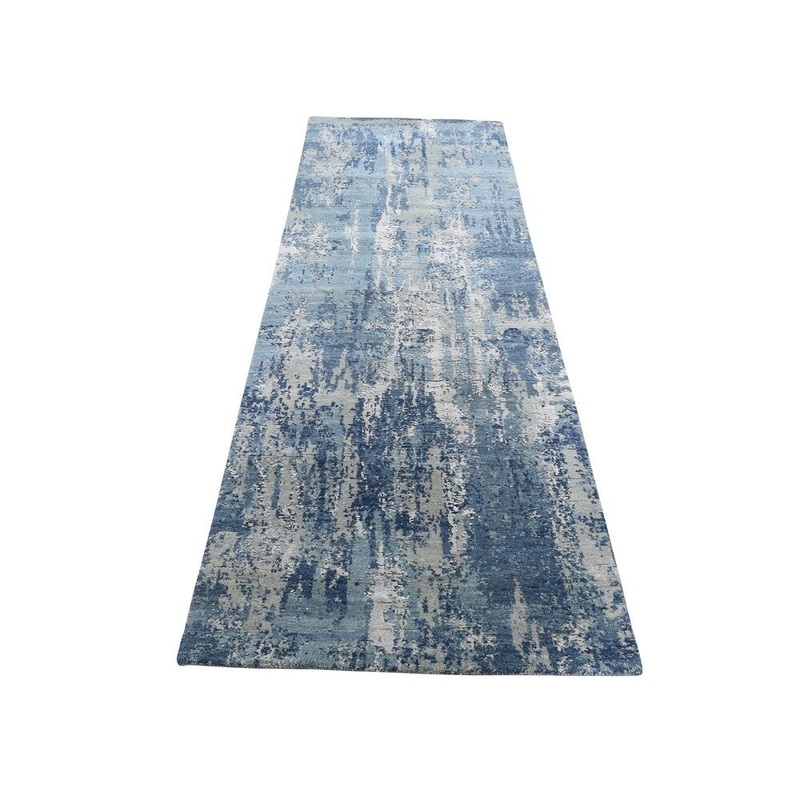 Shahbanu Rugs Blue-Gray Abstract Design Wool and Silk Handmade Oriental Runner Rug (2'6" x 8'3") - 2'6" x 8'3"