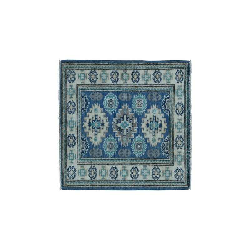 Shahbanu Rugs Blue Hand-Knotted Vintage Look Kazak Pure Wool Oriental Rug (1'11" x 2'11") - 1'11" x 2'11"