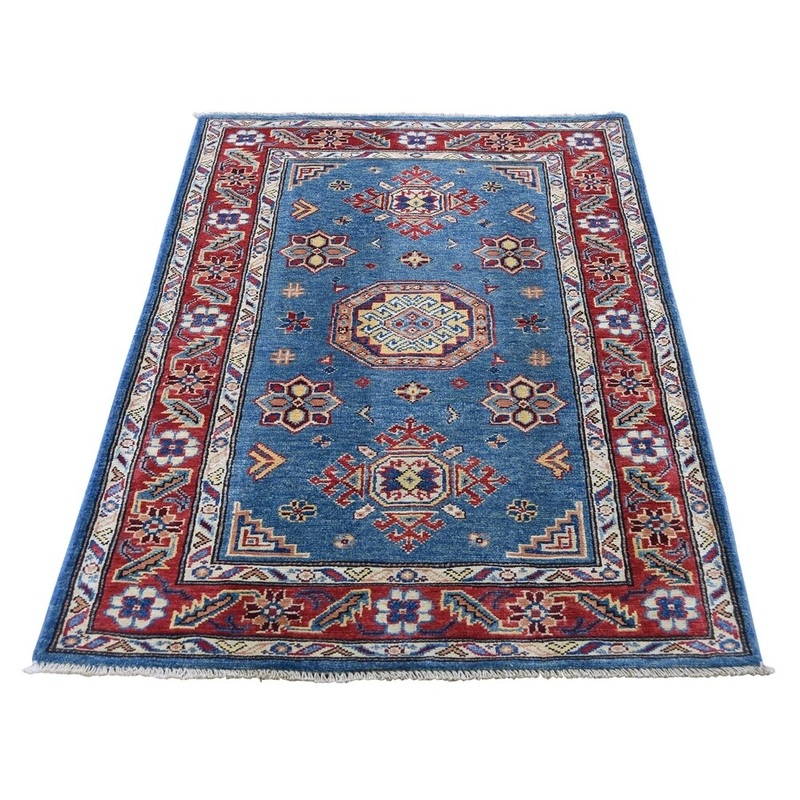 Shahbanu Rugs Blue Special Kazak Pure Wool Hand-Knotted Geometric Design Rug (3'0" x 4'9") - 3'0" x 4'9"
