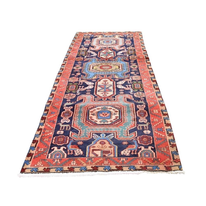 Shahbanu Rugs Blue Vintage North West Persian With Peacocks Pure Wool Runner Rug (3'3" x 9'0") - 3'3" x 9'0"