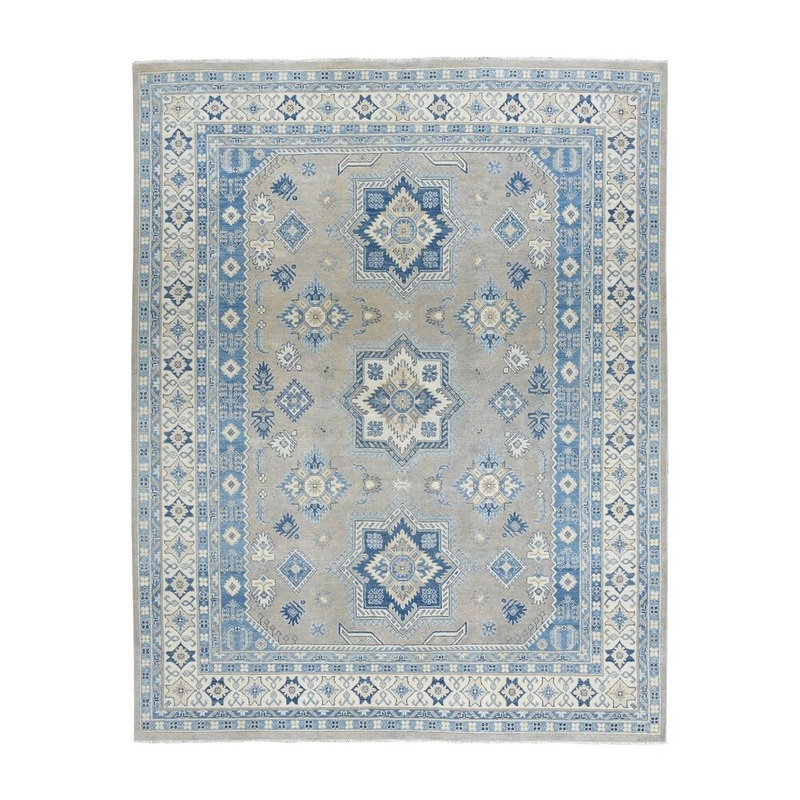 Shahbanu Rugs Gray Vintage Look Kazak Geometric Design Hand-Knotted Oriental Rug (7'10" x 9'10") - 7'10" x 9'10"
