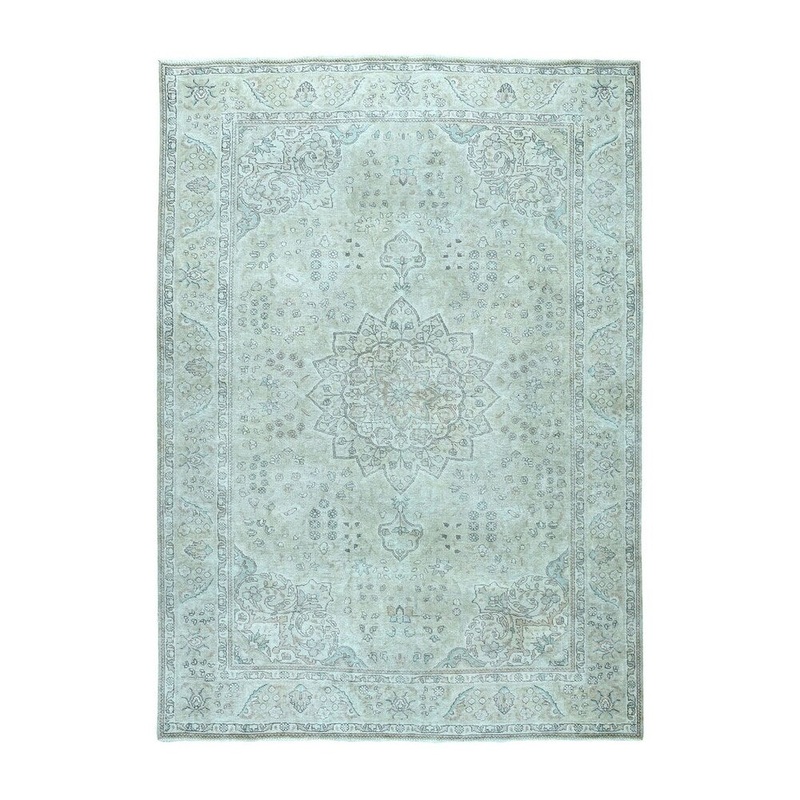 Shahbanu Rugs Gray Vintage White Wash Tabriz Worn Wool Hand-Knotted Oriental Rug (7'2" x 10'4") - 7'2" x 10'4"