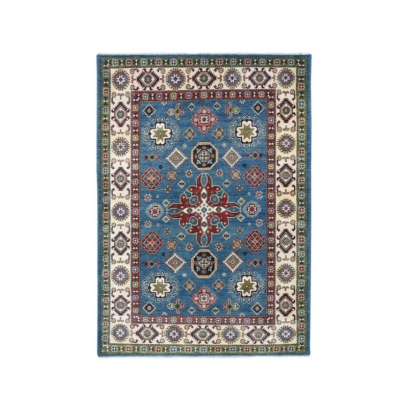 Shahbanu Rugs Red Geometric Design Kazak Pure Wool Hand-Knotted Oriental Rug (4'10" x 7'3") - 4'10" x 7'3"