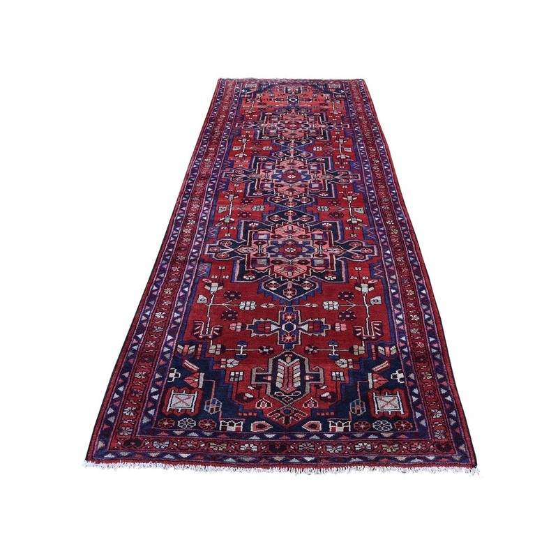 Shahbanu Rugs Semi Antique Persian Heriz Pure Wool Hand-Knotted Wide Runner Rug (3'5" x 10'0") - 3'5" x 10'0"