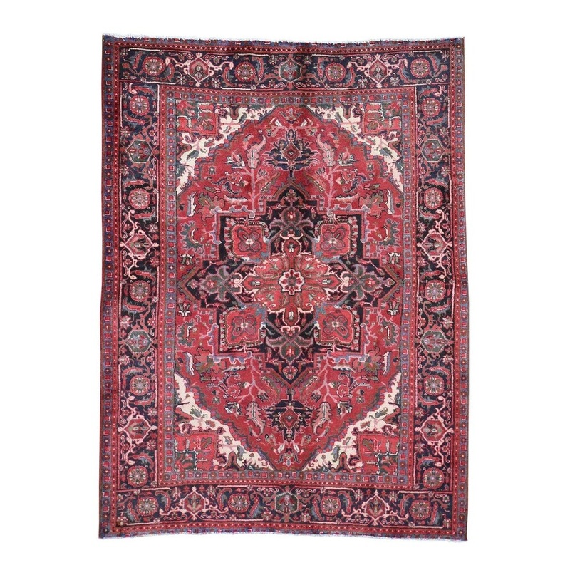 Shahbanu Rugs Semi Antique Persian Heriz Thick And Plush Hand-Knotted Oriental Rug (6'7" x 8'9") - 6'7" x 8'9"