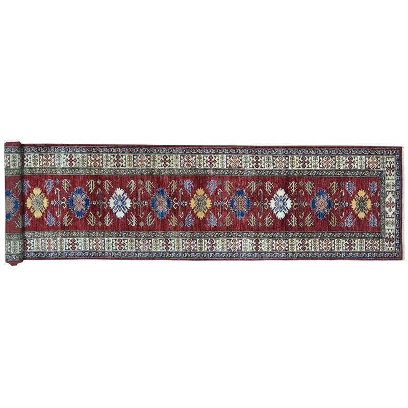 Shahbanu Rugs Super Kazak Red Geometric Design Pure Wool Hand-Knotted XL Runner Rug (2'7" x 16'1") - 2'7" x 16'1"