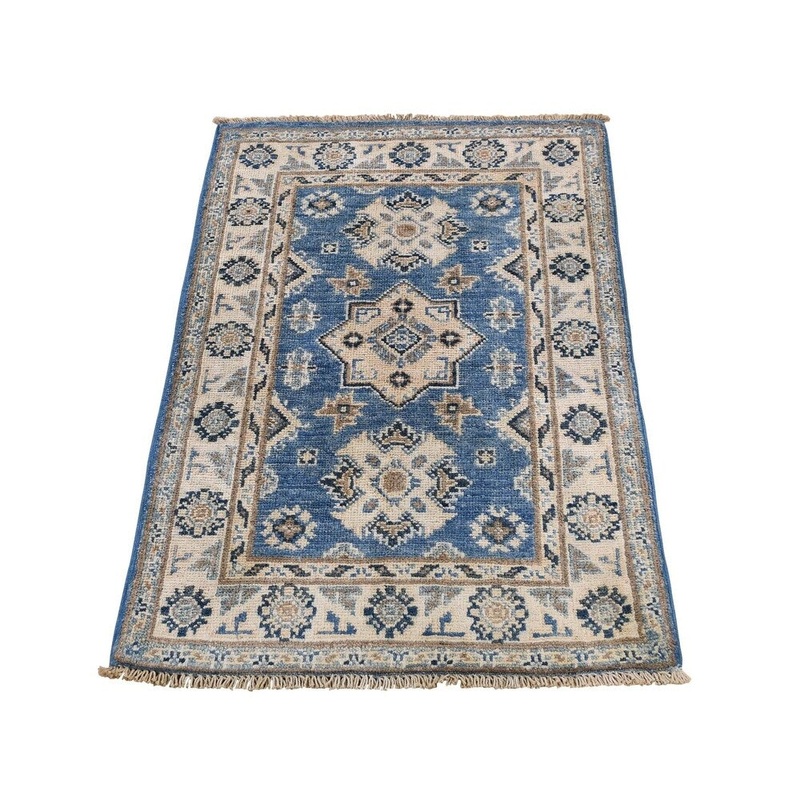 Shahbanu Rugs Vintage Look Kazak Denim Blue Pure Wool Hand-Knotted Oriental Rug Mat (2'0" x 3'0") - 2'0" x 3'0"
