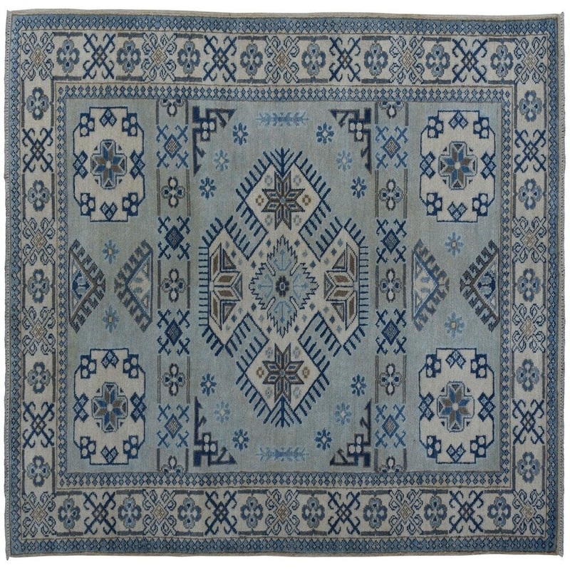Shahbanu Rugs Blue Hand-Knotted Vintage Look Kazak Pure Wool Oriental Rug (4'0" x 5'10") - 4'0" x 5'10"