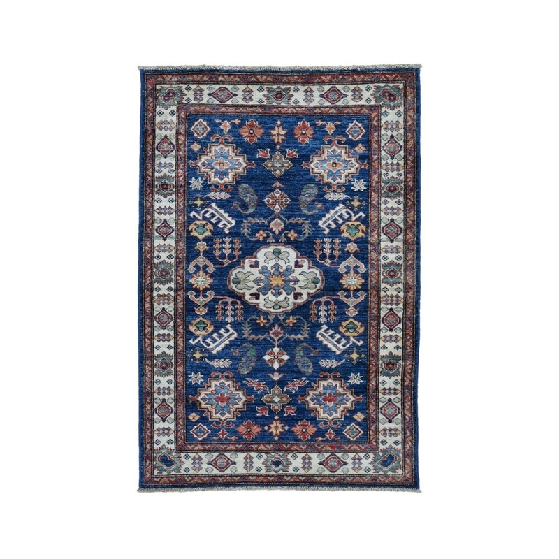 Shahbanu Rugs Blue Super Kazak Geometric Design Pure Wool Hand Knotted Oriental Rug (3'4" x 5'3") - 3'4" x 5'3"
