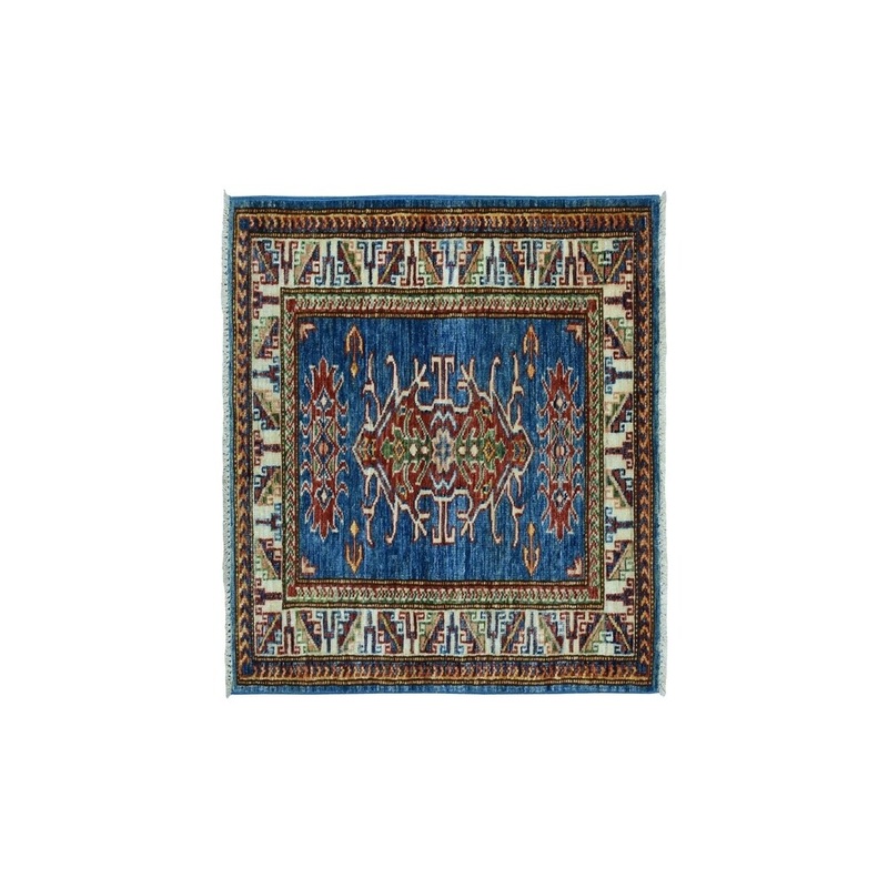 Shahbanu Rugs Blue Super Kazak Pure Wool Geometric Design Hand-Knotted Oriental Rug (2'2" x 2'10") - 2'2" x 2'10"