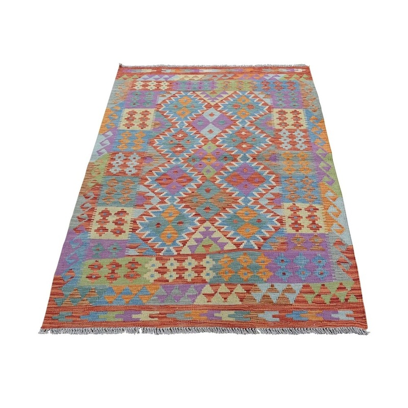 Shahbanu Rugs Colorful Afghan Kilim Veg Dyes Hand Woven Pure Wool Oriental Rug (3'4" x 4'10") - 3'4" x 4'10"