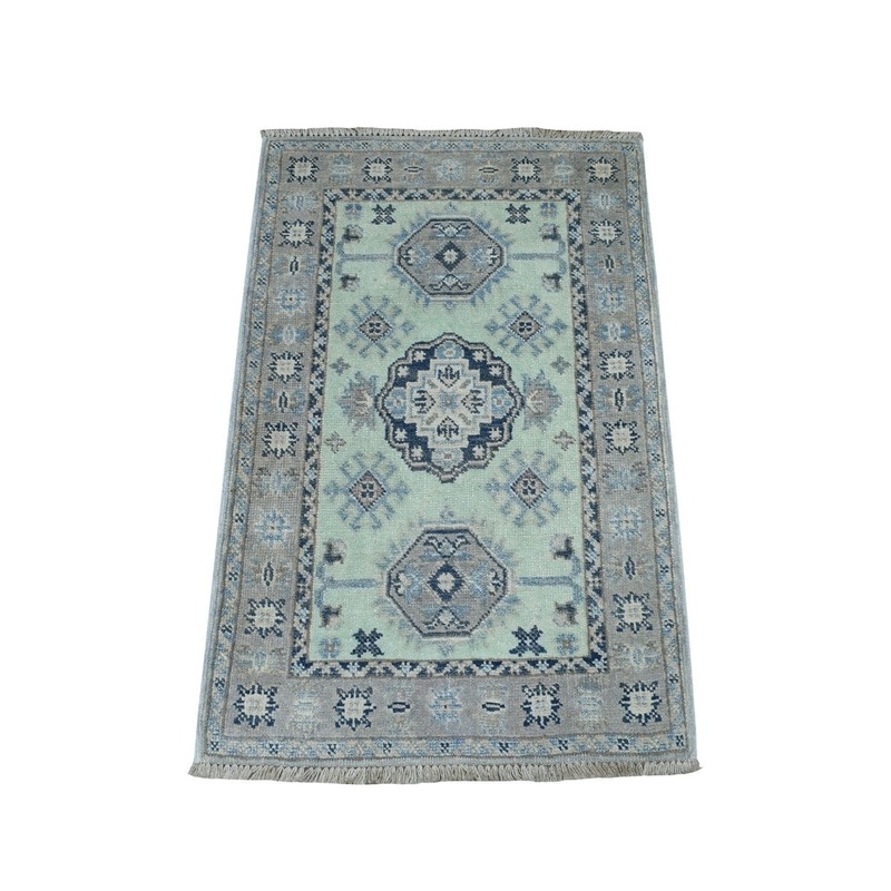 Shahbanu Rugs Colorful Green Fusion Kazak Pure Wool Hand Knotted Oriental Rug (2'0" x 2'10") - 2'0" x 2'10"