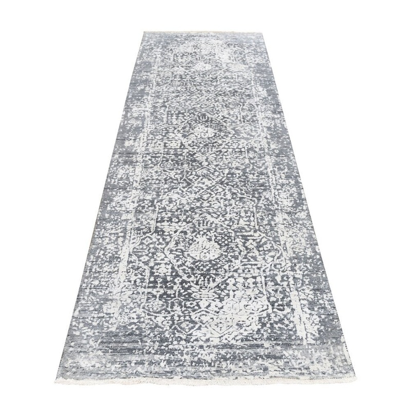 Shahbanu Rugs Gray Broken Persian Design Tone on Tone Runner Wool and Silk Rug (2'5" x 9'7") - 2'5" x 9'7"