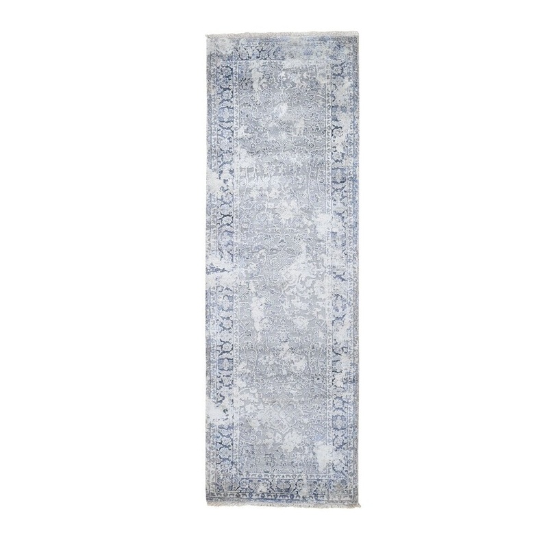 Shahbanu Rugs Gray Broken Persian Design with Pure Silk Runner Hand Knotted Oriental Rug (2'5" x 8'0") - 2'5" x 8'0"