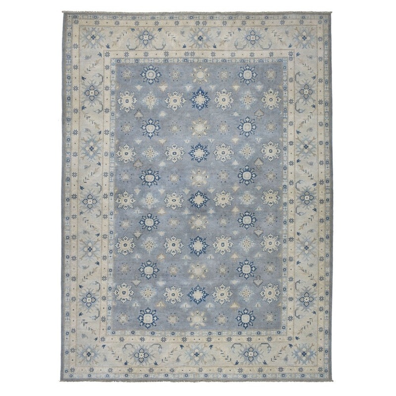 Shahbanu Rugs Gray Vintage Look Kazak Geometric Design Pure Wool Hand Knotted Oriental Rug (8'10" x 12'3") - 8'10" x 12'3"