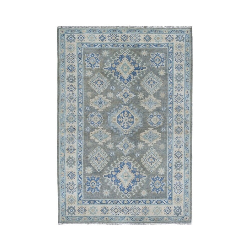Shahbanu Rugs Gray Vintage Look Kazak Geometric Design Pure Wool Hand-Knotted Rug (4'0" x 5'9") - 4'0" x 5'9"