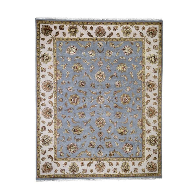 Shahbanu Rugs Half Wool And Half Silk Sky Blue Rajasthan Hand Knotted Oriental Rug (8'1" x 10'1") - 8'1" x 10'1"