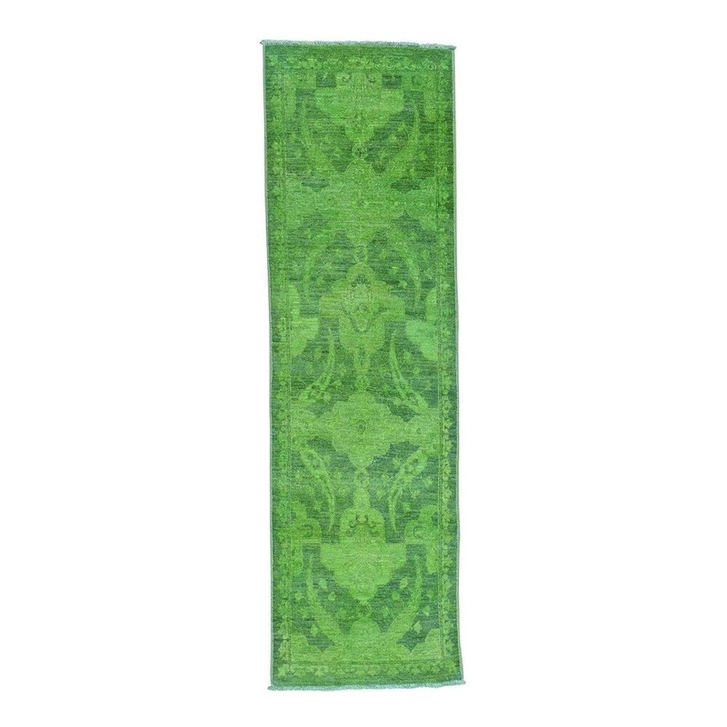 Shahbanu Rugs Hand Knotted Green Cast Peshawar Overdyed Pure Wool Runner Rug (2'6" x 8'2") - 2'6" x 8'2"