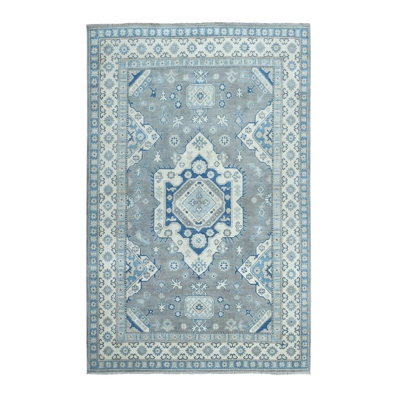 Shahbanu Rugs Hand Knotted Grey Vintage Look Kazak Pure Wool Oriental Rug (5'10" x 8'10") - 5'10" x 8'10"