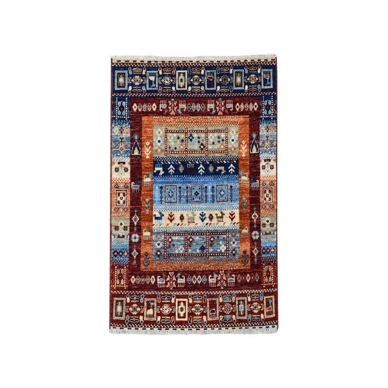 Shahbanu Rugs Red Kashkuli Gabbeh Pictorial Pure wool Hand-knotted Oriental Rug (2'9" x 4'0") - 2'9" x 4'0"