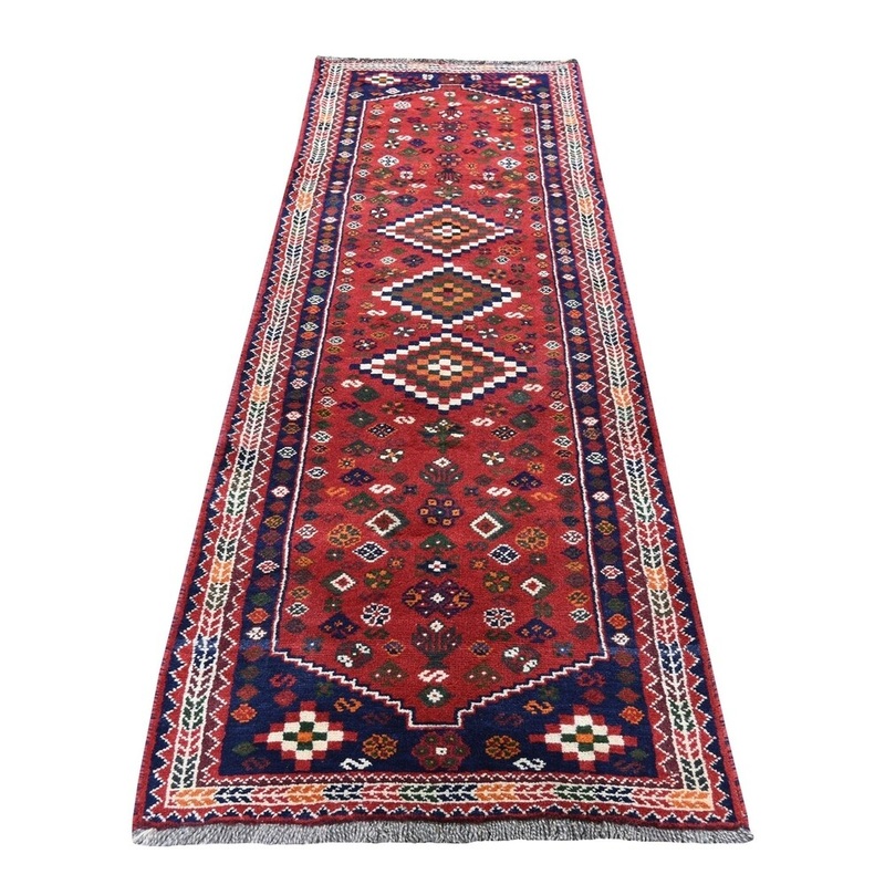 Shahbanu Rugs Red New persian Shiraz Pure Wool Narrow Runner Hand-Knotted Rug (2'5" x 9'1") - 2'5" x 9'1"