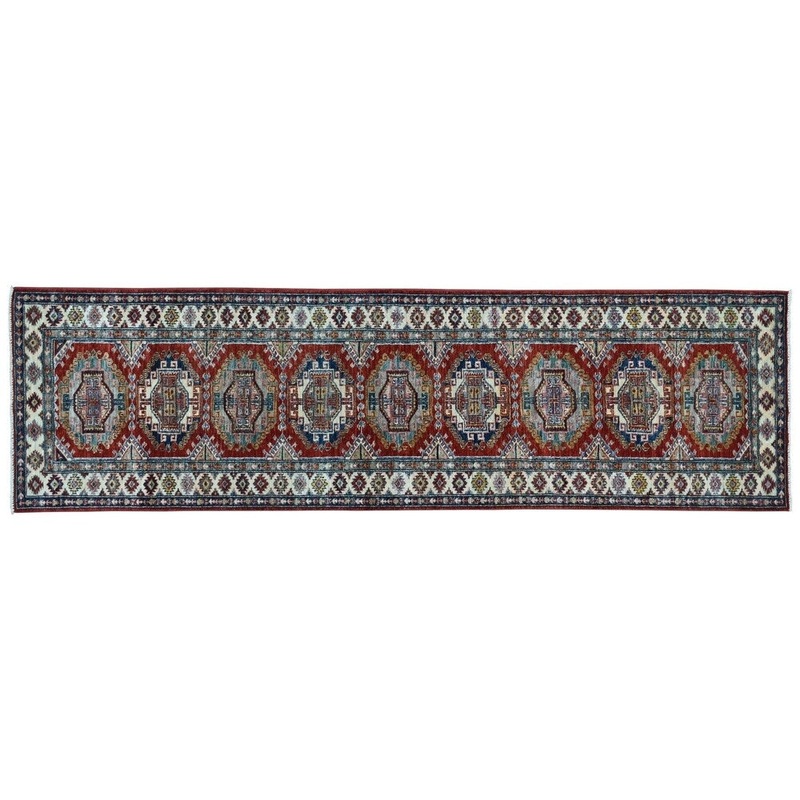 Shahbanu Rugs Super Kazak Red Geometric Design Hand-Knotted Runner Oriental Rug (2'7" x 10'1") - 2'7" x 10'1"