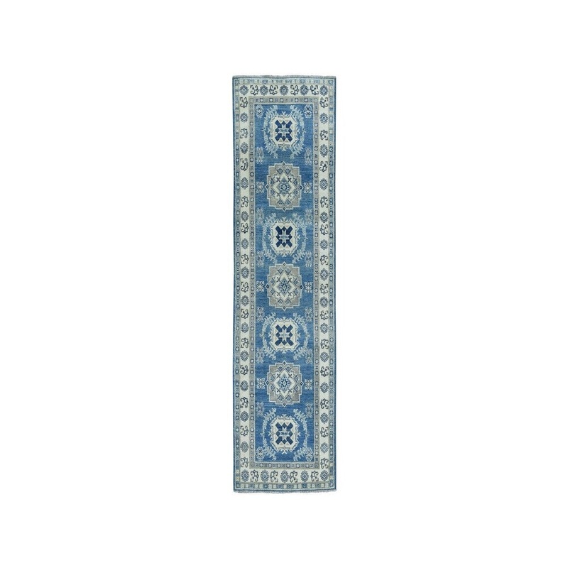 Shahbanu Rugs Vintage Look Kazak Geometric Design Blue Runner Pure Wool Rug (2'7" x 8'0") - 2'7" x 8'0"